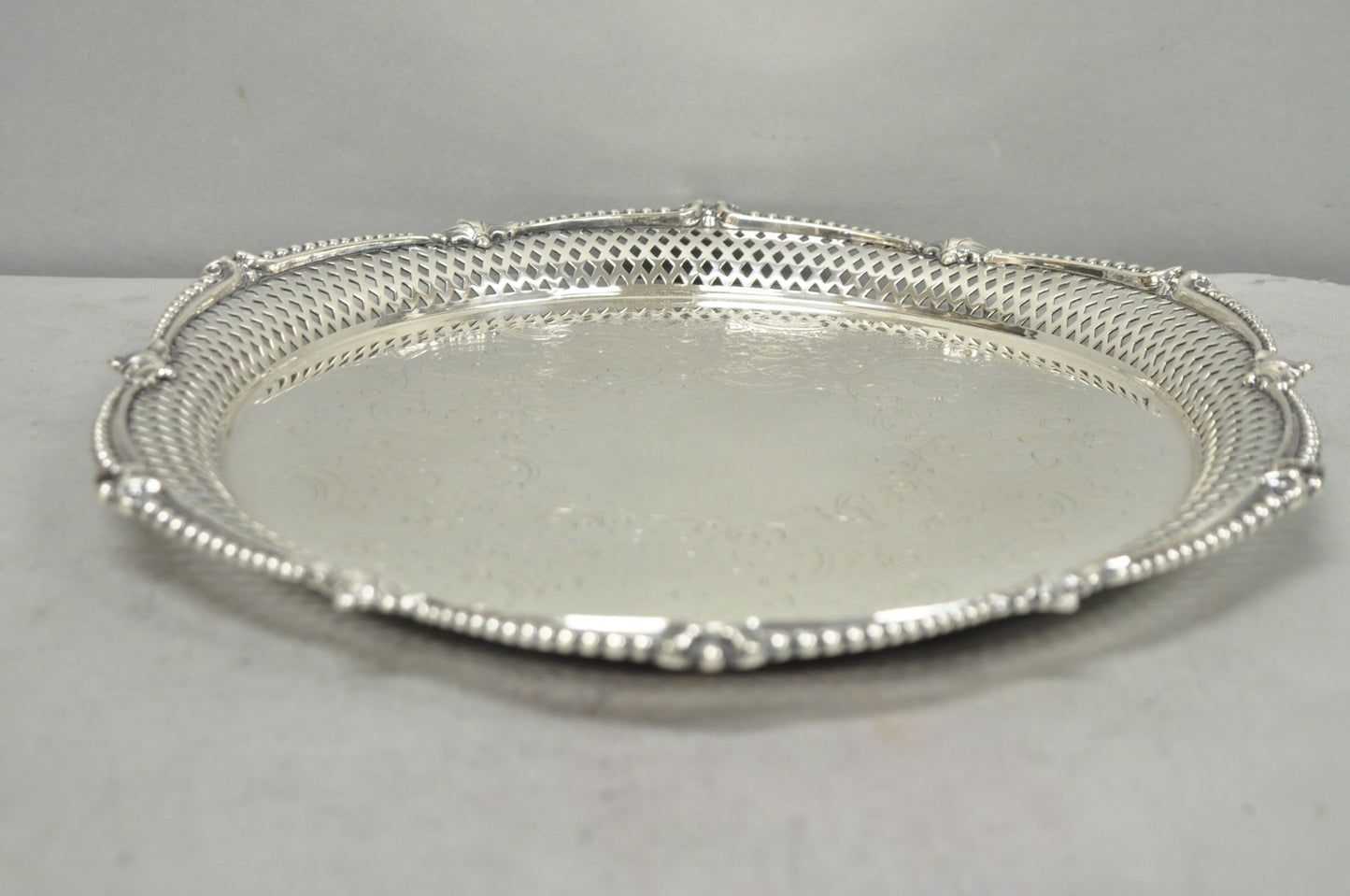 Vintage Barker Ellis English Edwardian Silver Plated Pierced Round Platter Tray