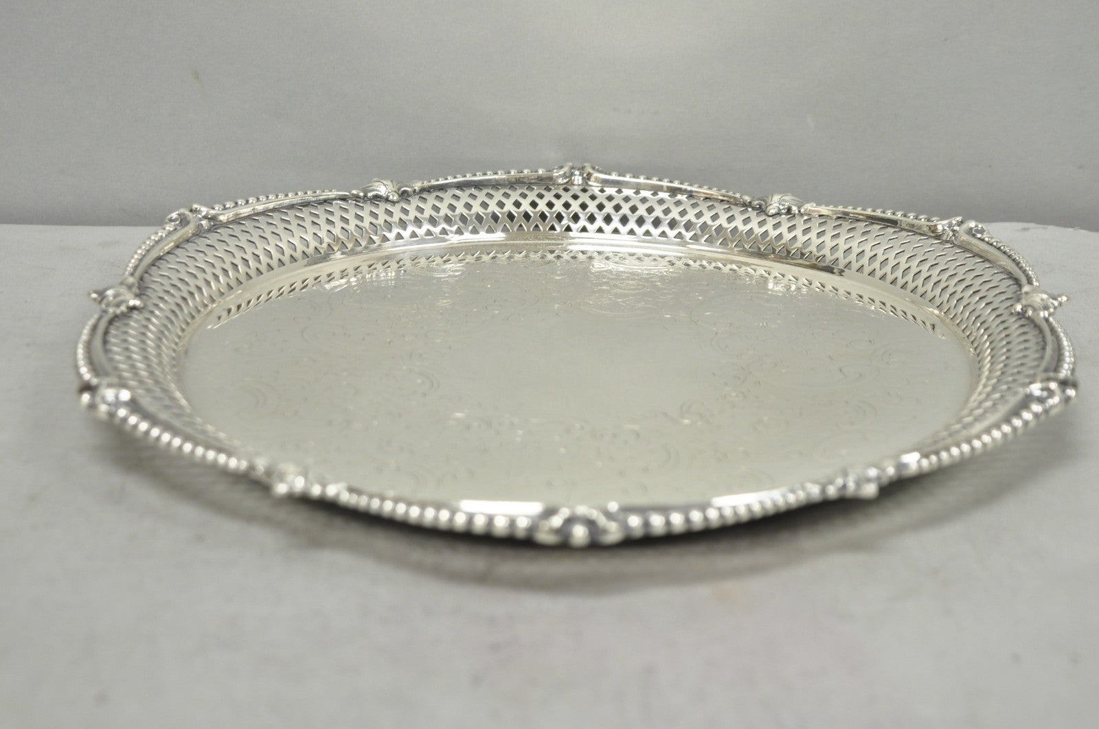 Vintage Barker Ellis English Edwardian Silver Plated Pierced Round Platter Tray