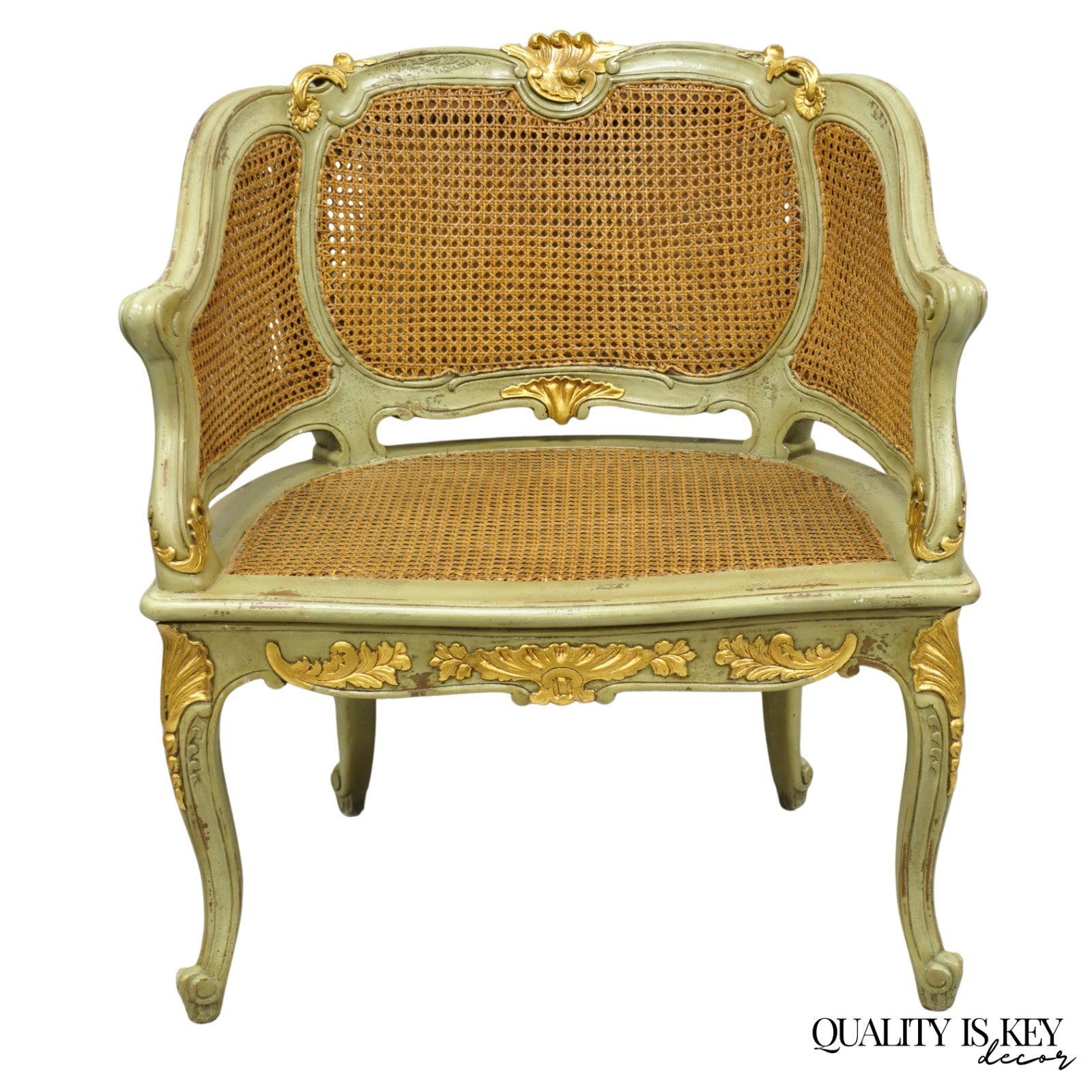 Vintage French Louis XV Style Green Painted Gold Gilt Cane Bergere Arm Chair