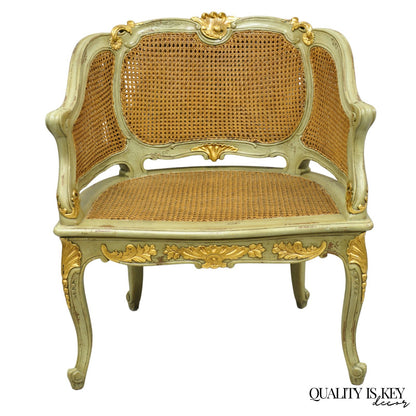 Vintage French Louis XV Style Green Painted Gold Gilt Cane Bergere Arm Chair