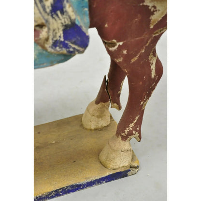 Chinese Polychrome Wooden Carved Wood 28" Tang Horse Sculpture Statue Red Blue