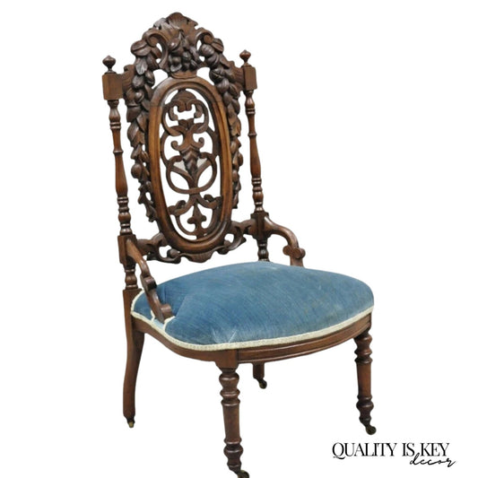 Antique Victorian Walnut Harvest Fruit Carved Slipper Chair attr. J & J W Meeks