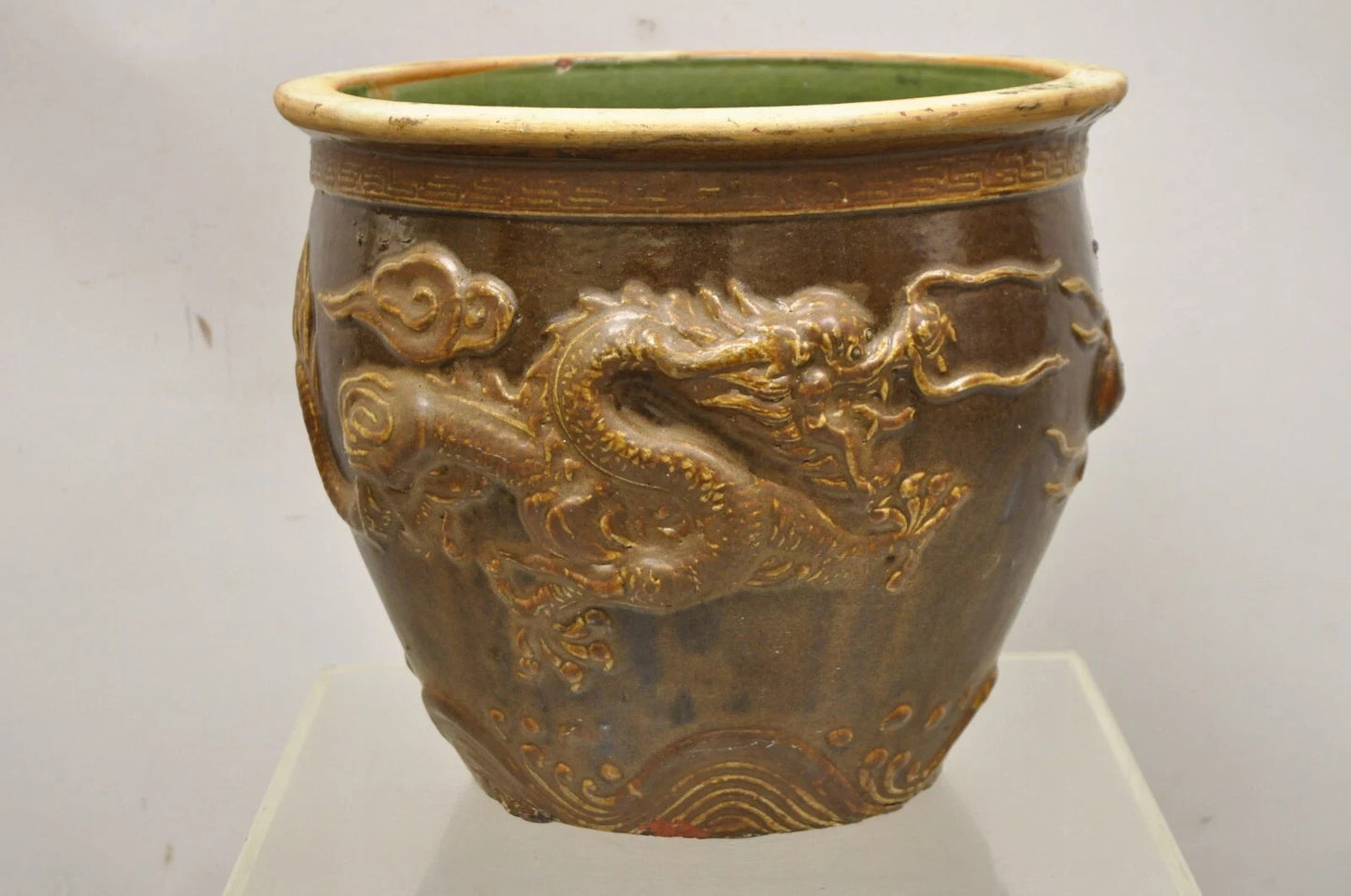 Antique Chinese Brown Glazed Ceramic Pottery Dragon Cachepot Jardinière - Pair