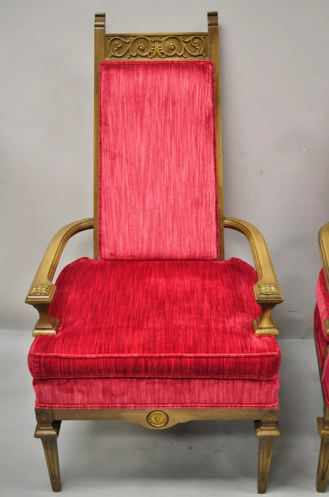 Vintage Italian Hollywood Regency Red High Back Lounge Arm Chairs - a Pair