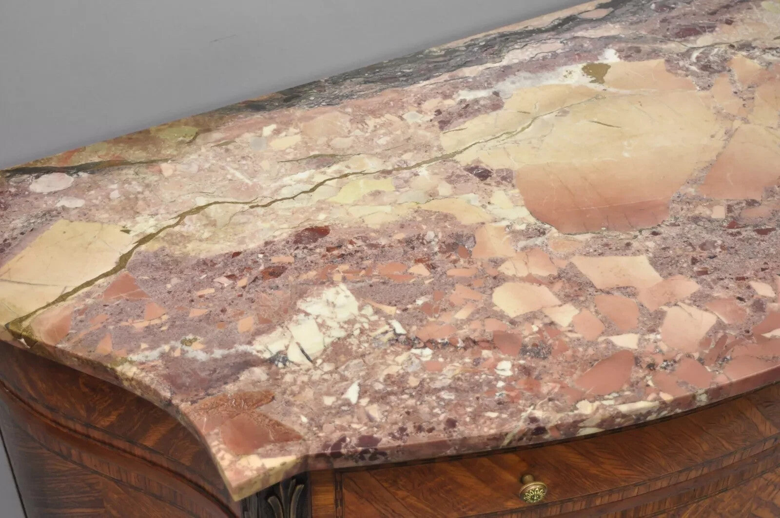 Antique French Louis XV Style Marble Top Satinwood Demilune Commode Dresser
