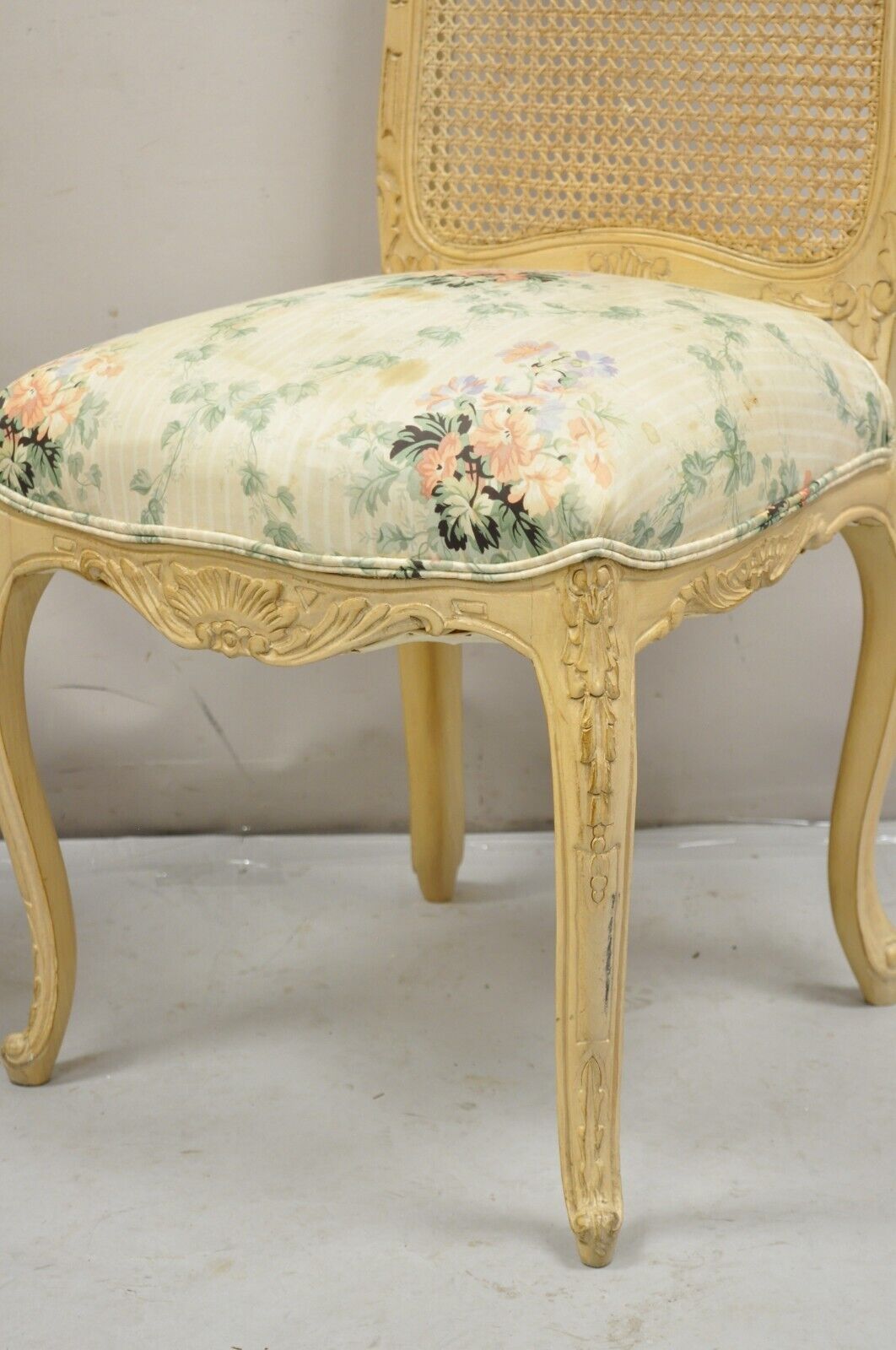 Vintage French Louis XV Provincial Style Cane Back Cream Dining Chairs- Set of 6