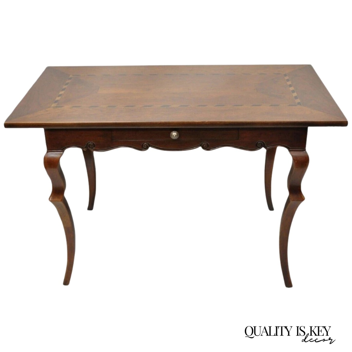 Vintage Baker French Provincial Cherry Wood Inlaid Console Table Writing Desk