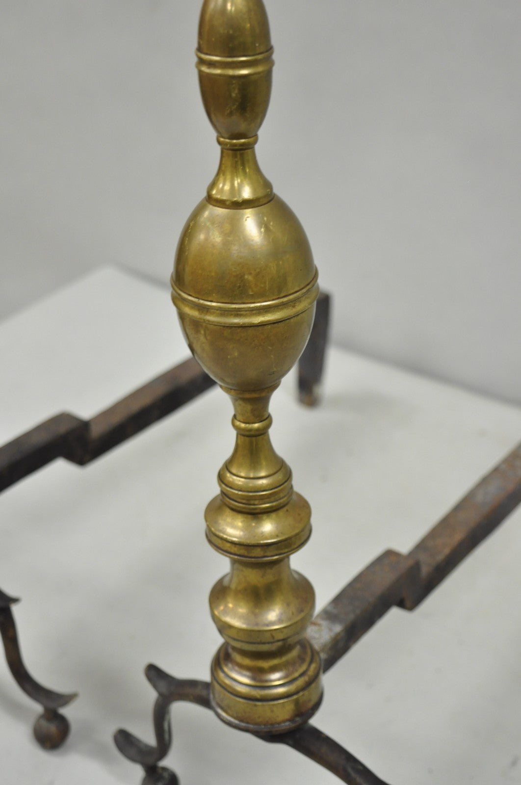 Antique English Federal Brass Branch Leg Cast Iron Fireplace Andirons - a Pair