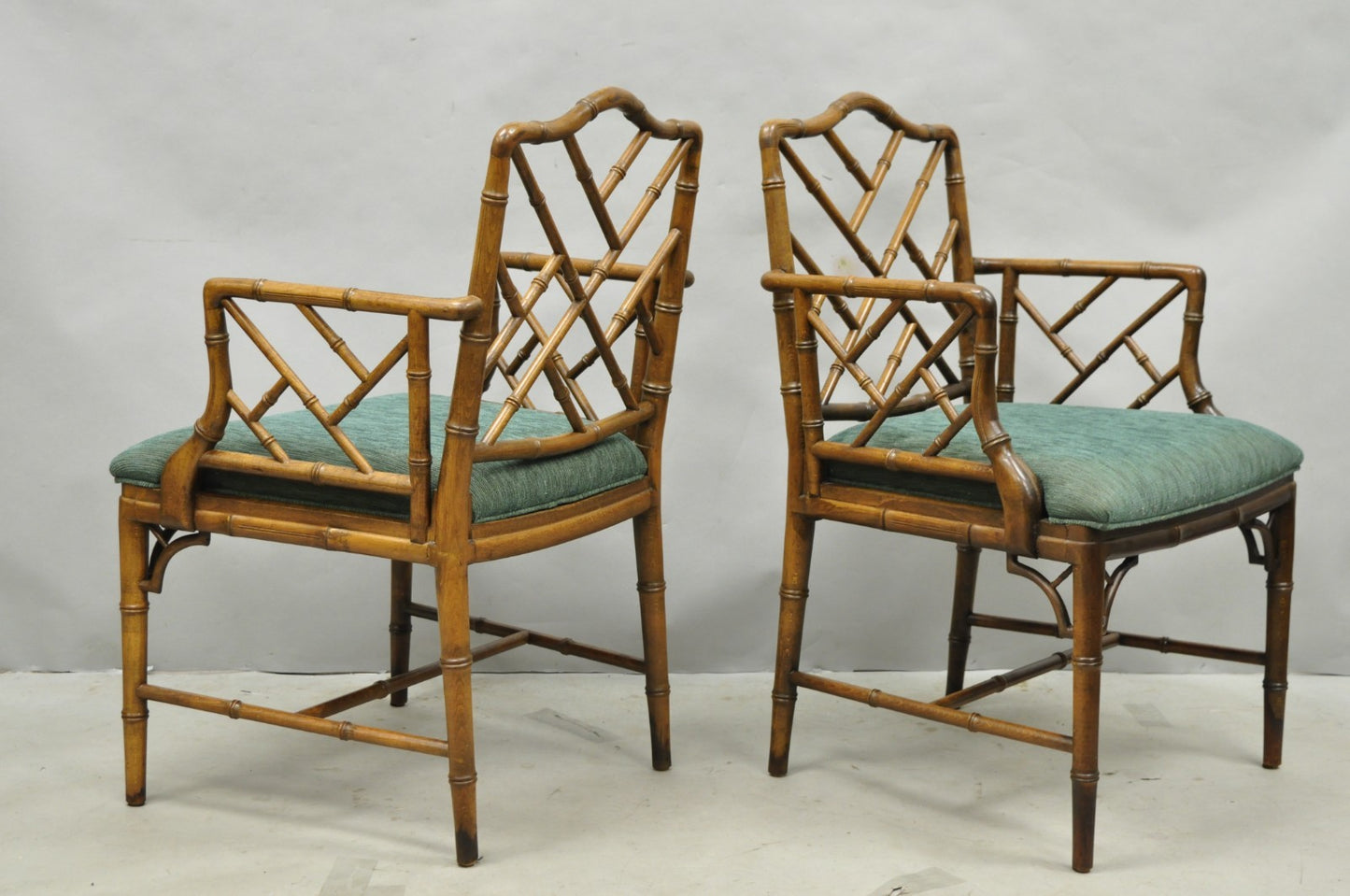 Vintage Chinese Chippendale Faux Bamboo Wood Fretwork Dining Arm Chairs - a Pair