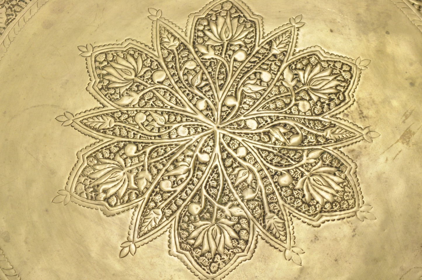 Vintage Moroccan 40" Round Brass Tray Top Teak Folding Spider Leg Coffee Table