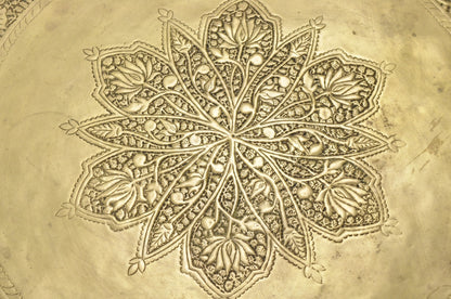 Vintage Moroccan 40" Round Brass Tray Top Teak Folding Spider Leg Coffee Table