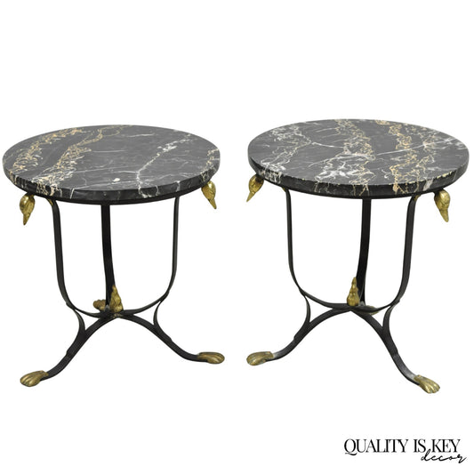Italian Regency Round Marble Top Wrought Iron Brass Swan Low Drink Table - Pair