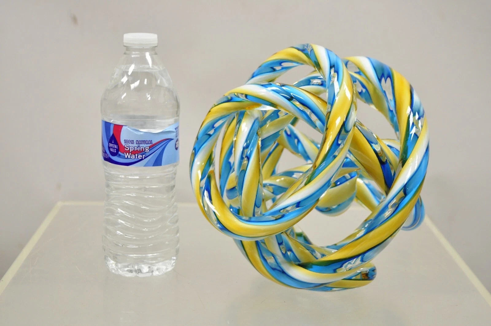 Murano Art Glass Swirl 8" Infinity Knot of Love Blue & Yellow Decorative Object