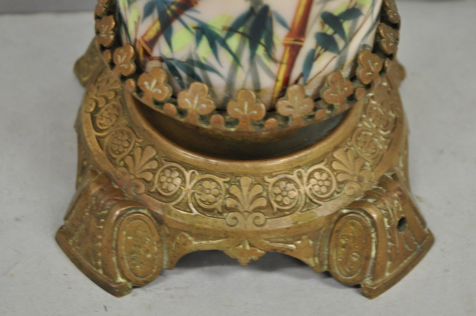 Art Nouveau Converted Oil Lamp Glass Cylinder Bird Painted Bronze Table Lamp