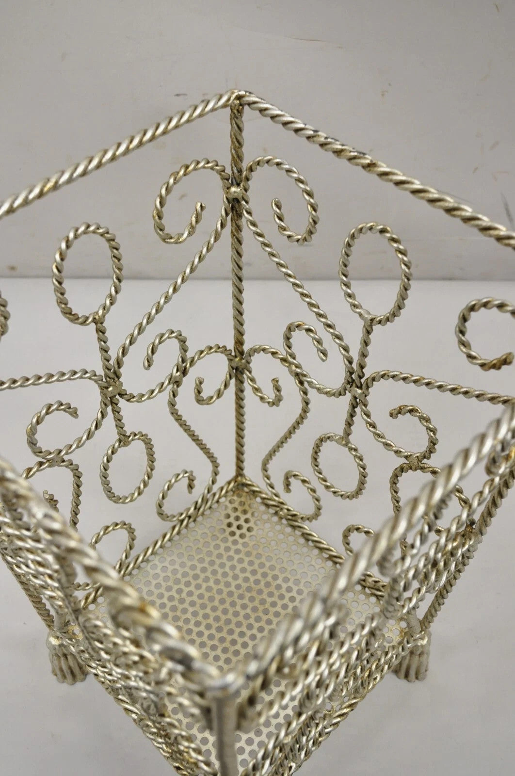 Vintage Italian Hollywood Regency Silver Iron Tassel Wastebasket Trashcan