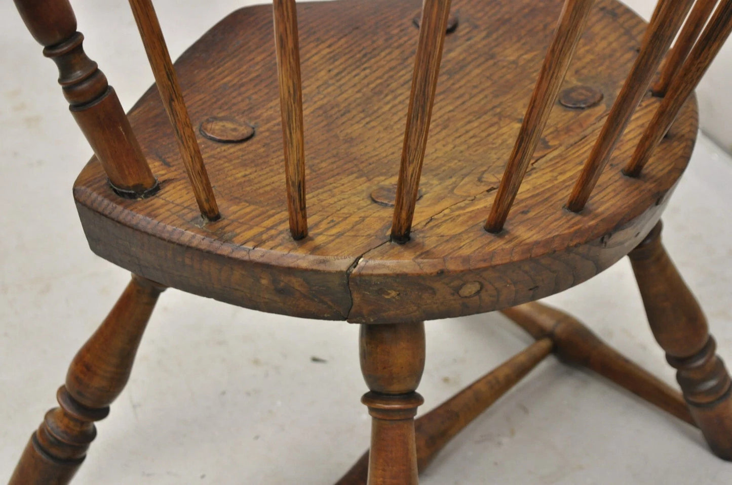Antique French Country Colonial Chestnut Oak Wood Small Bowed Windsor Arm Chair