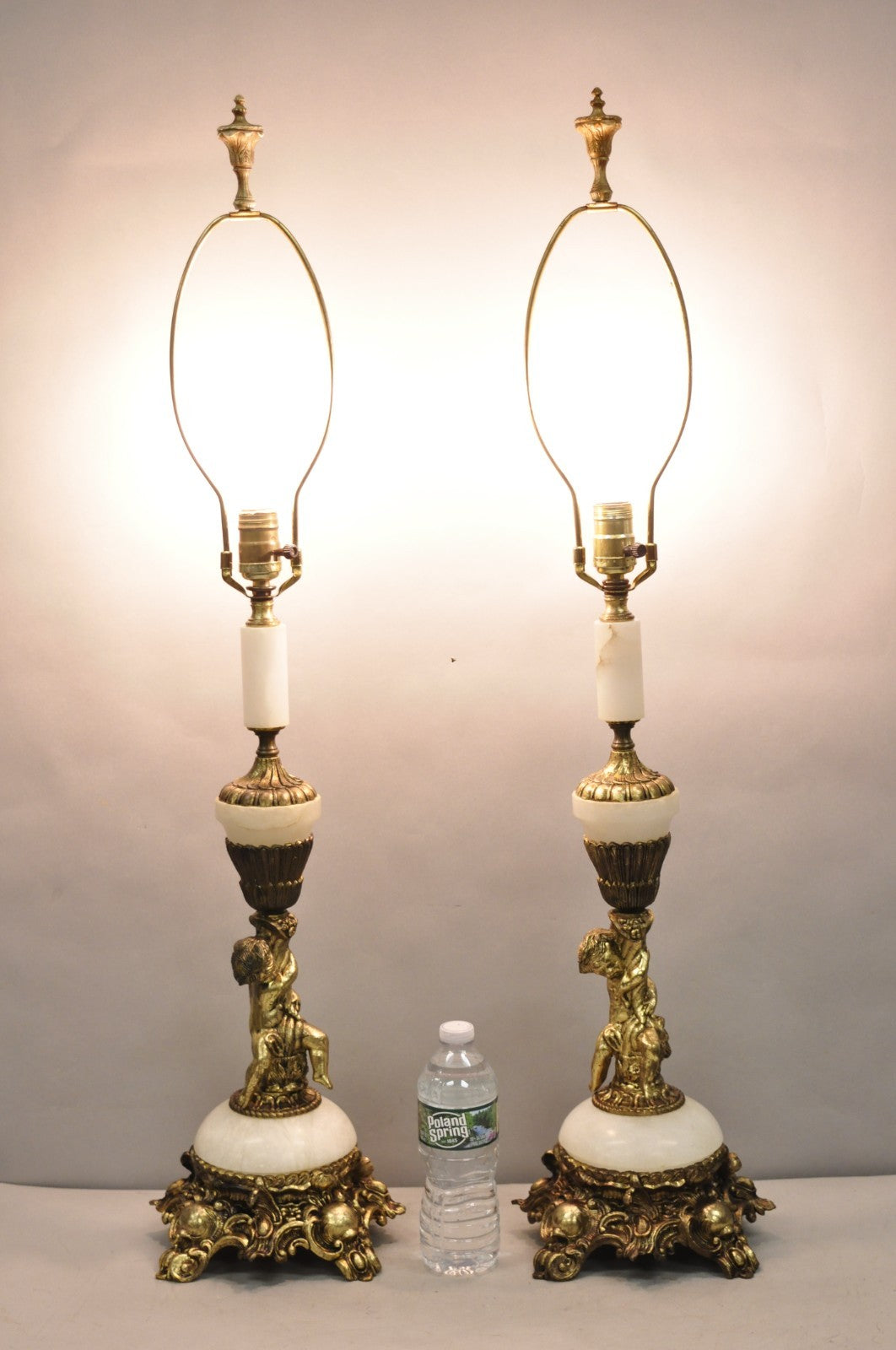 Vintage French Renaissance Rococo Alabaster & Brass Cherub Table Lamps - a Pair
