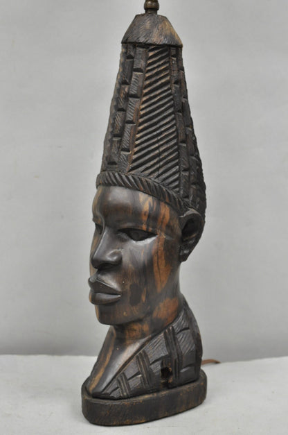 Vintage African Primitive Carved Ebony Wood Benin Bust Head Sculpture Table Lamp