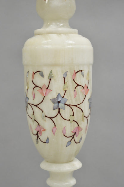 Vintage Italian Hollywood Regency Alabaster Table Lamp w/ Stone Floral Inlay