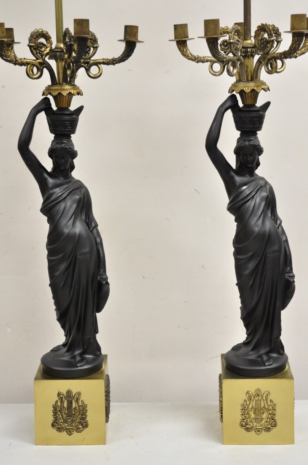 French Empire Neoclassical Style Figural Maiden Candelabra Table Lamps - a Pair