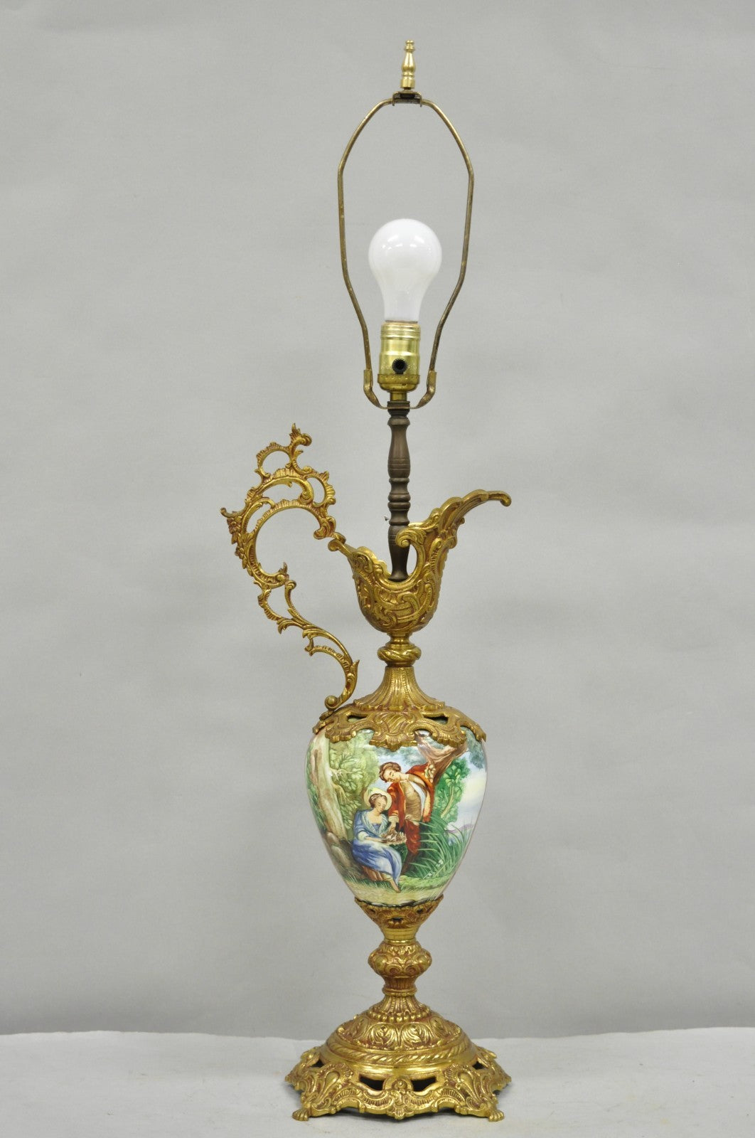 Vintage French Renaissance Style Painted Porcelain Urn Brass Ewer Table Lamp