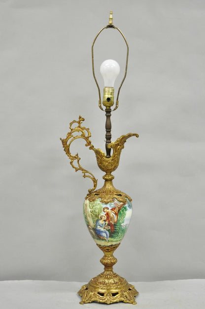 Vintage French Renaissance Style Painted Porcelain Urn Brass Ewer Table Lamp