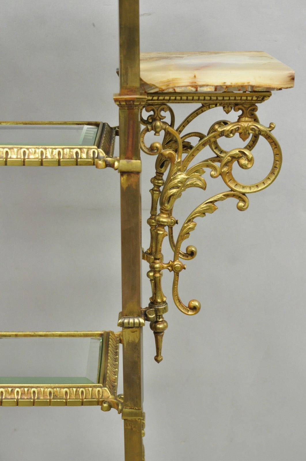 Antique Victorian Brass & Onyx Ornate Tiered Etagere Curio Display Stand Shelf