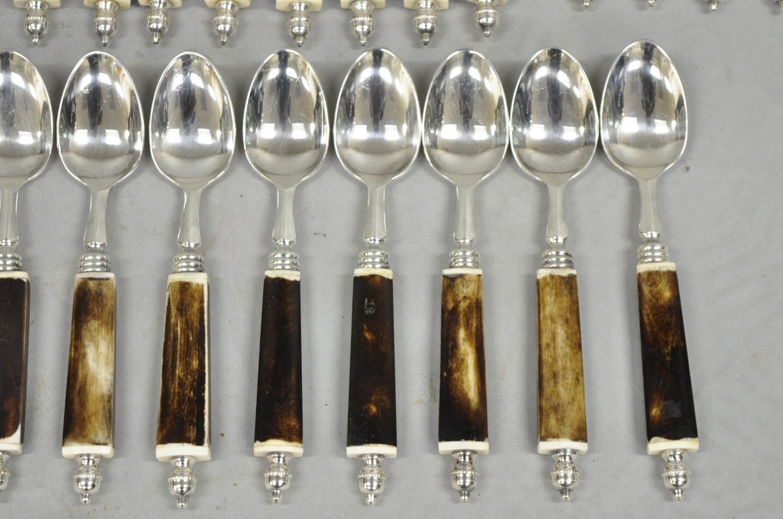 Vintage Hollywood Regency Faux Horn Handle Silver Flatware (5 pc) Set Svc for 12