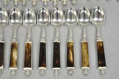Vintage Hollywood Regency Faux Horn Handle Silver Flatware (5 pc) Set Svc for 12
