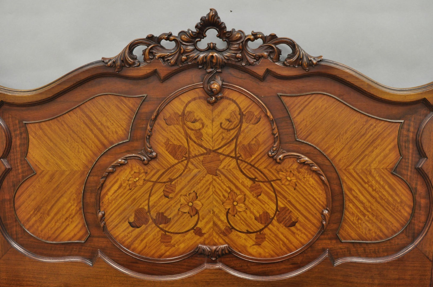 Antique French Louis XV Style Walnut Satinwood Inlay Twin Bed Frames - a Pair