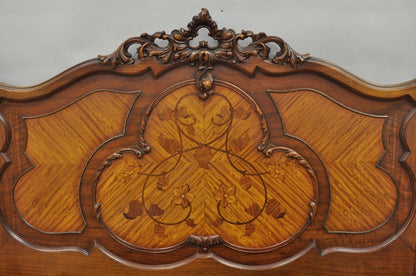 Antique French Louis XV Style Walnut Satinwood Inlay Twin Bed Frames - a Pair