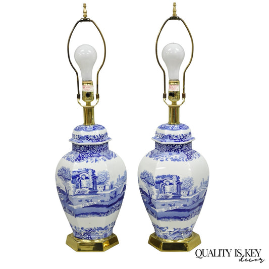 Vintage Spode Chinoiserie French Blue White Porcelain Ginger Jar Table Lamp Pair