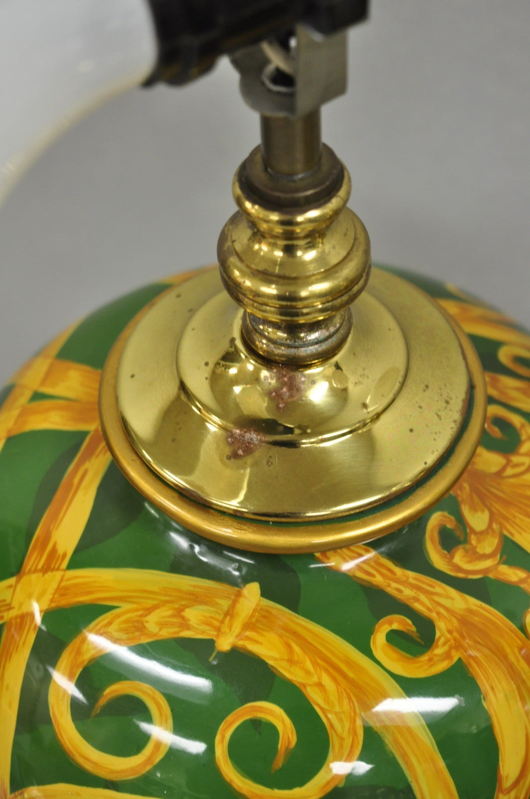 Hollywood Regency Green & Gold Scroll Painted Ceramic Table Lamps - a Pair