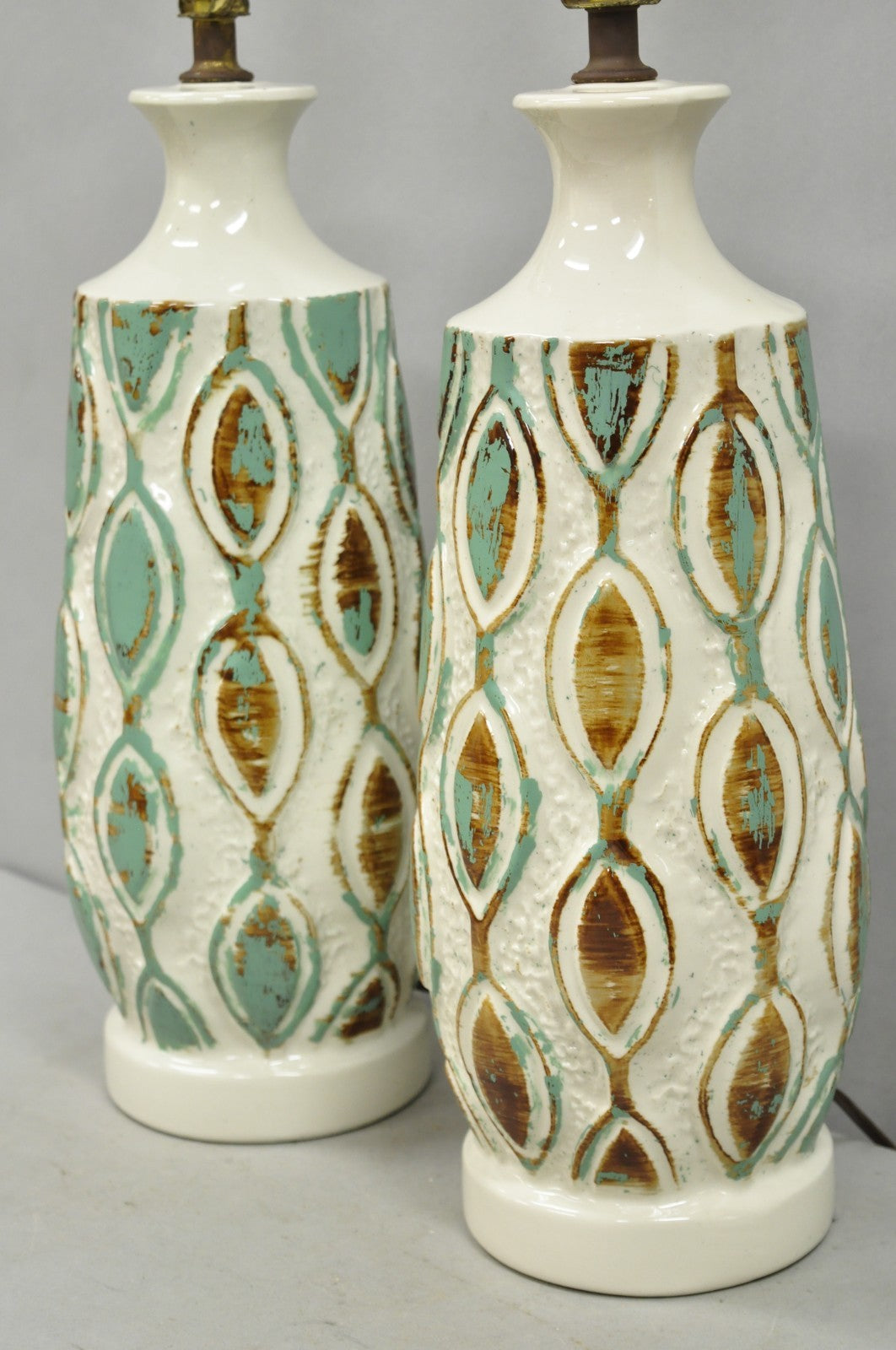 Vintage Mid Century Modern Turquoise Blue White Ceramic Pottery Table Lamp Pair