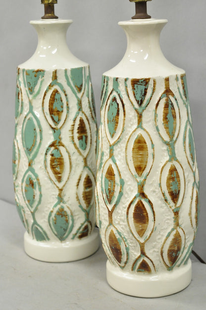 Vintage Mid Century Modern Turquoise Blue White Ceramic Pottery Table Lamp Pair