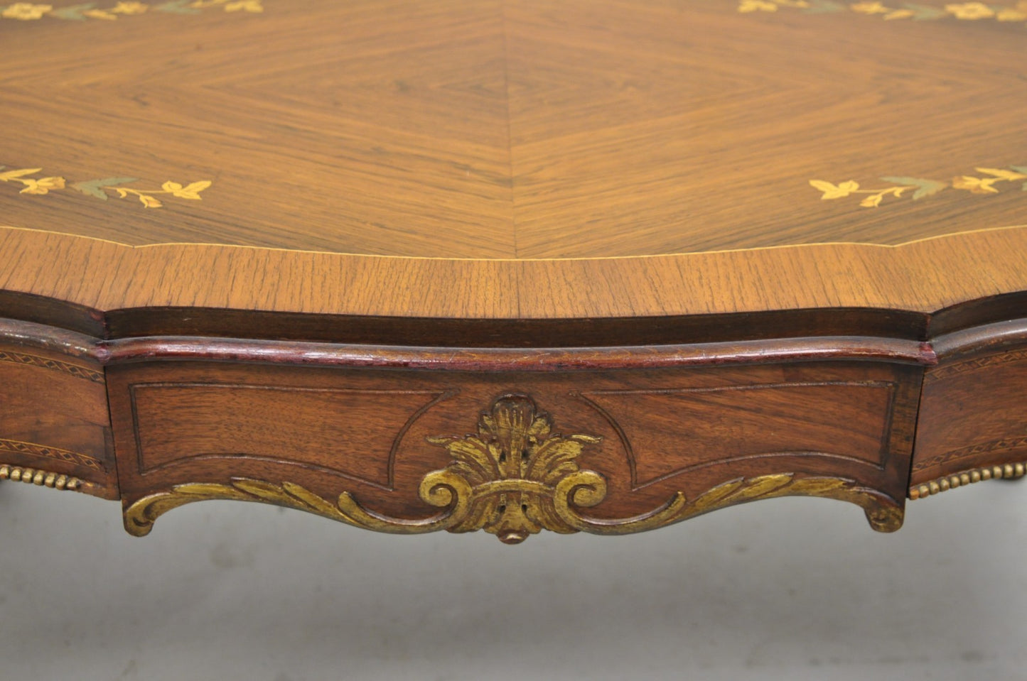 Antique French Louis XV Style Floral Inlay Walnut Coffee Table with Drawer