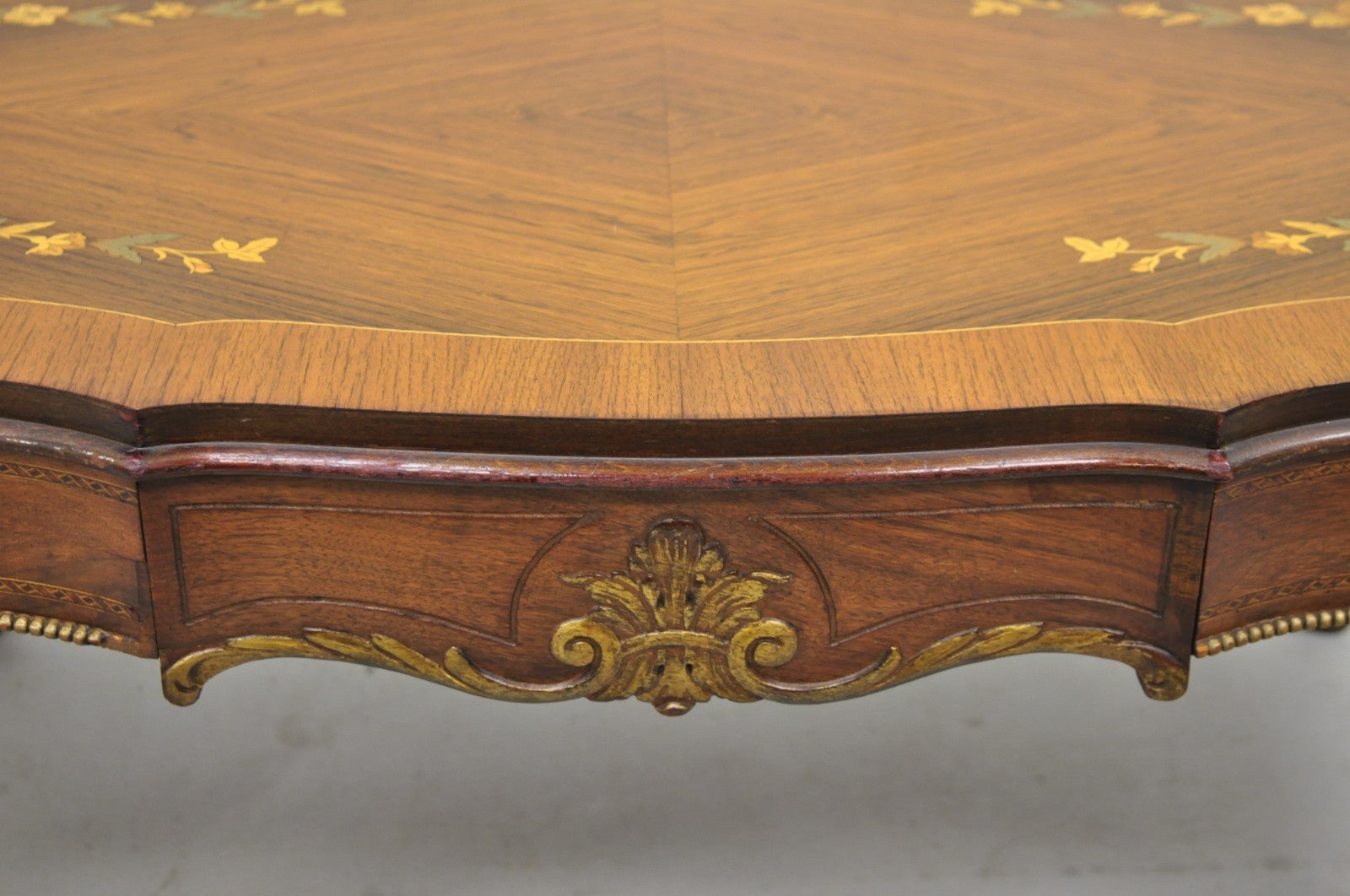 Antique French Louis XV Style Floral Inlay Walnut Coffee Table with Drawer