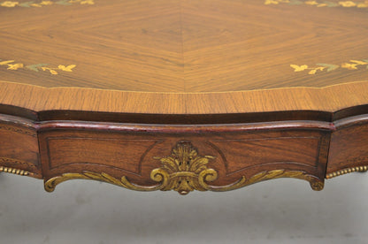 Antique French Louis XV Style Floral Inlay Walnut Coffee Table with Drawer