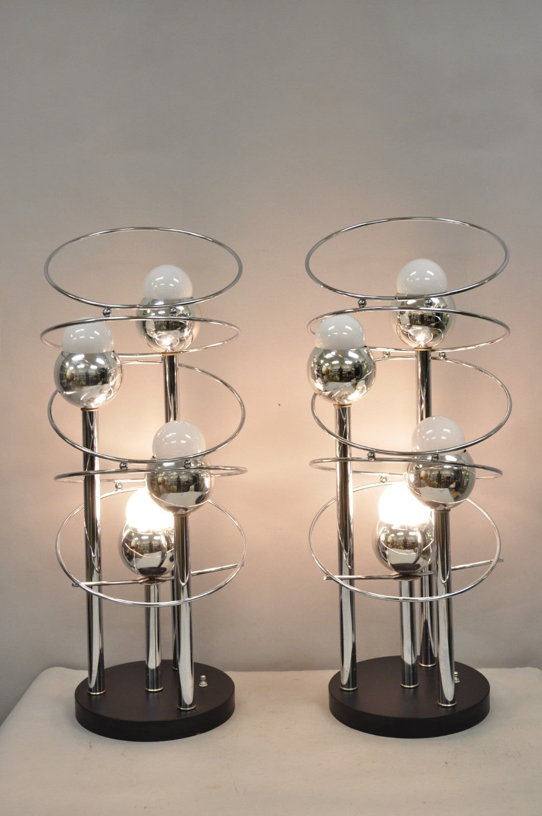 Vintage Mid Century Modern George Kovacs Spiral Chrome Ball Table Lamps - a Pair