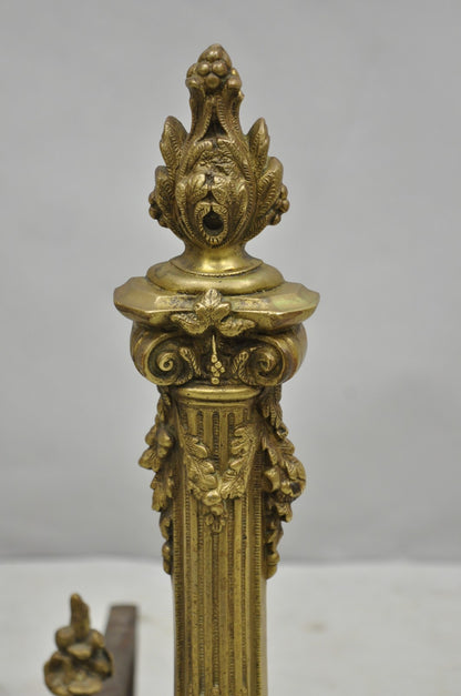 Antique French Empire Style Bronze Corinthian Column Fireplace Andirons - a Pair