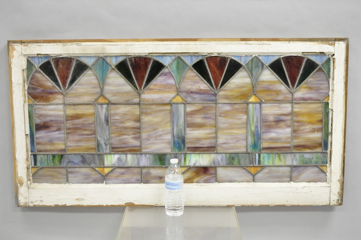 Antique Victorian Stained Leaded Glass Blue Green 24x48 "Fan" Window Transom