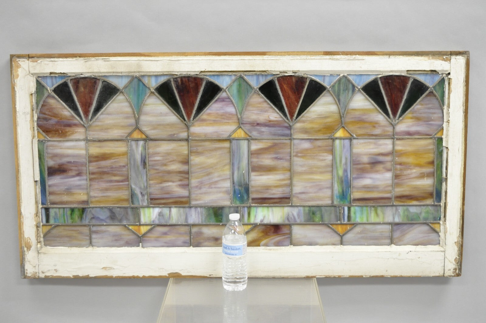 Antique Victorian Stained Leaded Glass Blue Green 24x48 "Fan" Window Transom