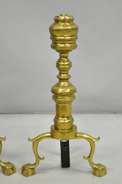 Vintage Federal Style Brass Branch Foot Gold Fireplace Andirons - a Pair