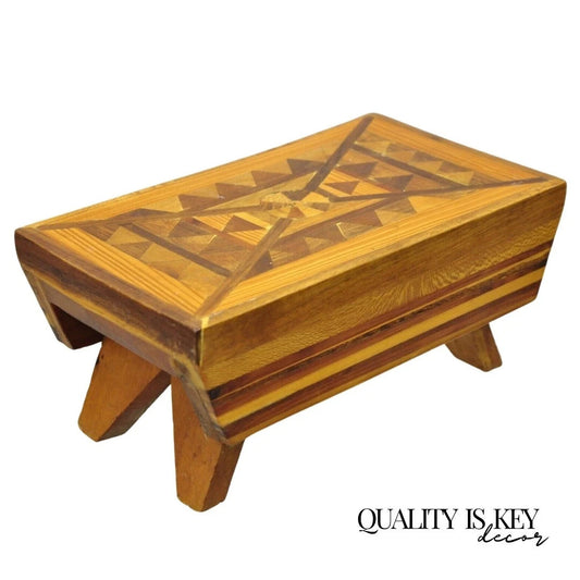Vintage Folk Art Marquetry Inlay Small Wooden Primitive Footstool Ottoman Stool