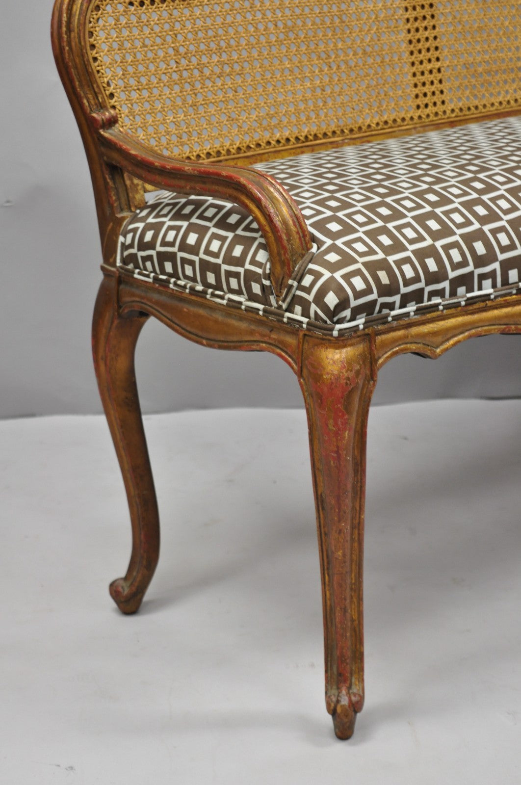 Vintage French Louis XV Style Distressed Gold Gilt Cane Back Vanity Bench Seat
