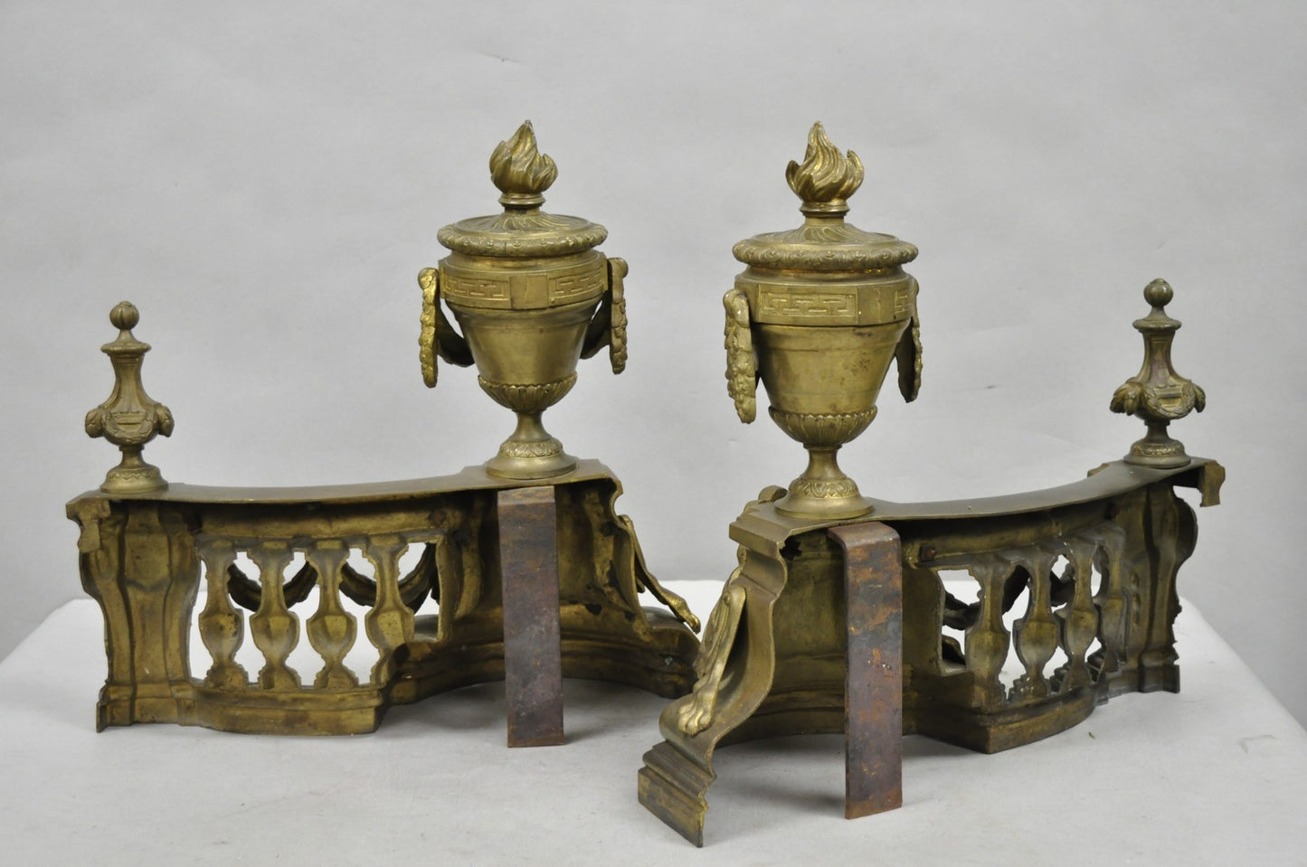 Antique French Empire Patinated Bronze Lion Flame Urn Chenet Andirons - a Pair