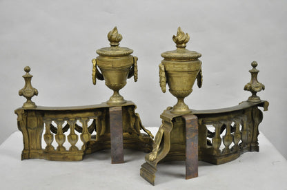 Antique French Empire Patinated Bronze Lion Flame Urn Chenet Andirons - a Pair