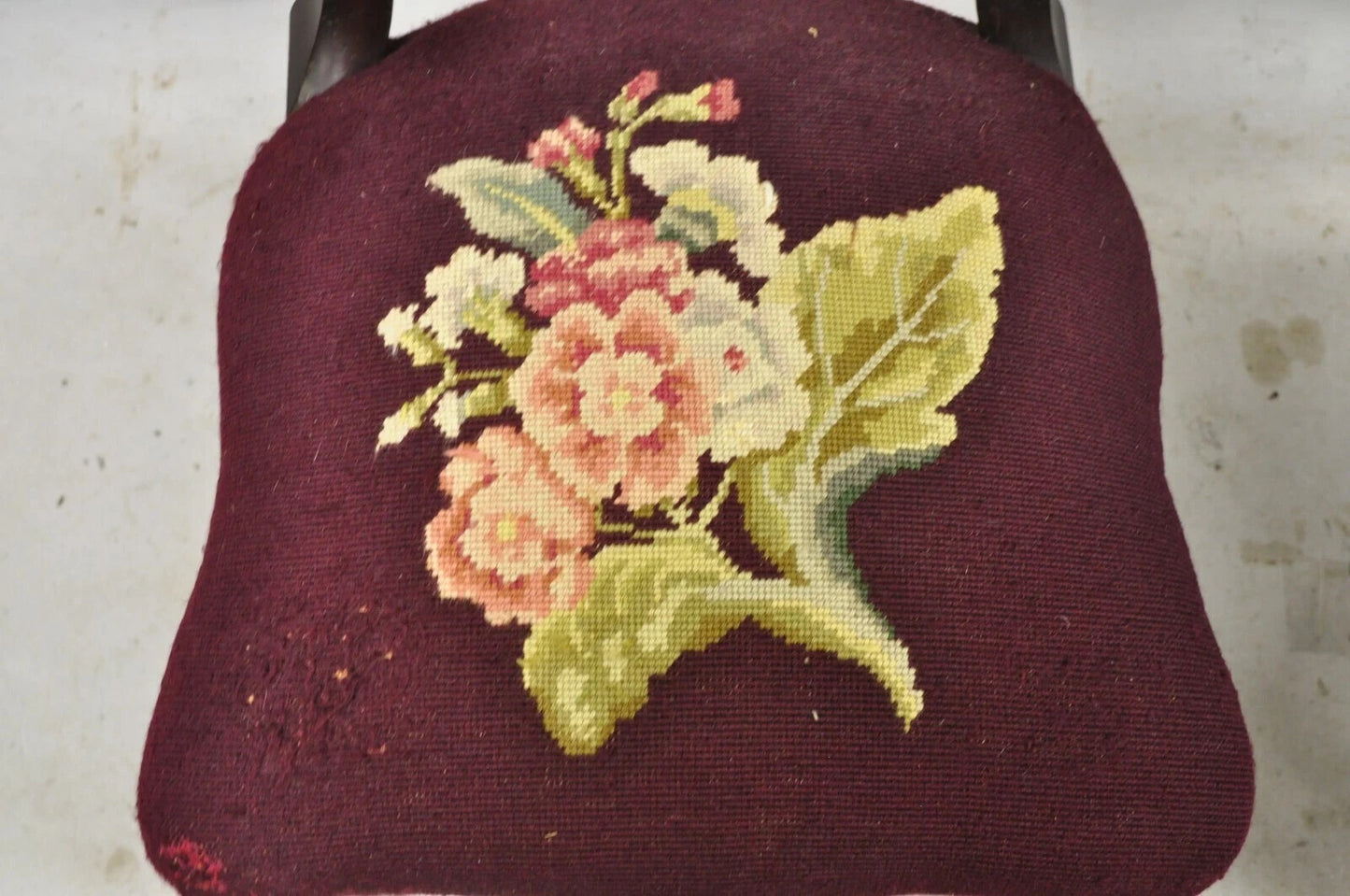 Antique Eastlake Victorian Carved Mahogany Needlepoint Parlor Side Chairs - Pair