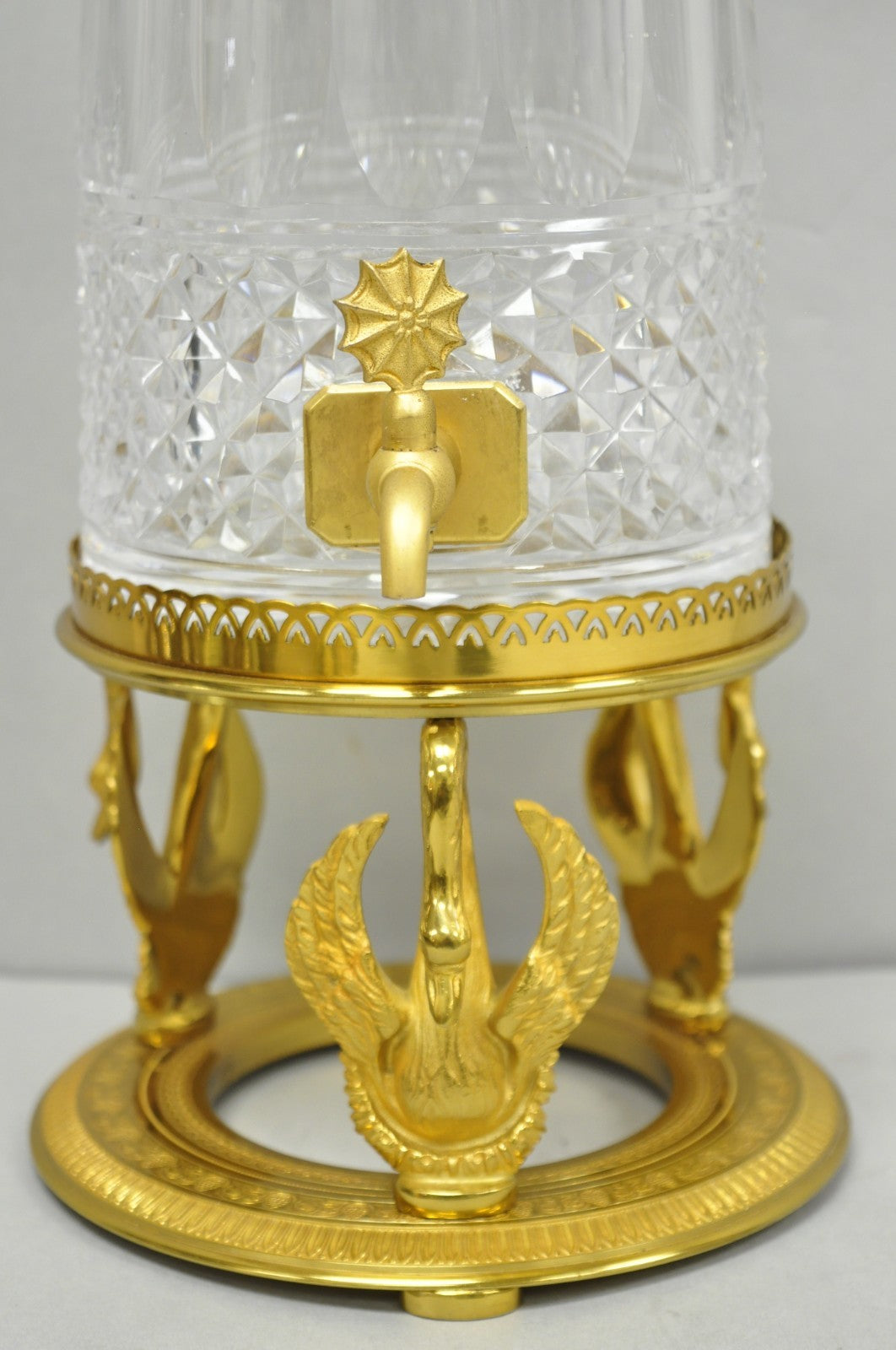 Vintage French Baccarat Style Bronze Swan & Cut Crystal Glass Liquor Decanter