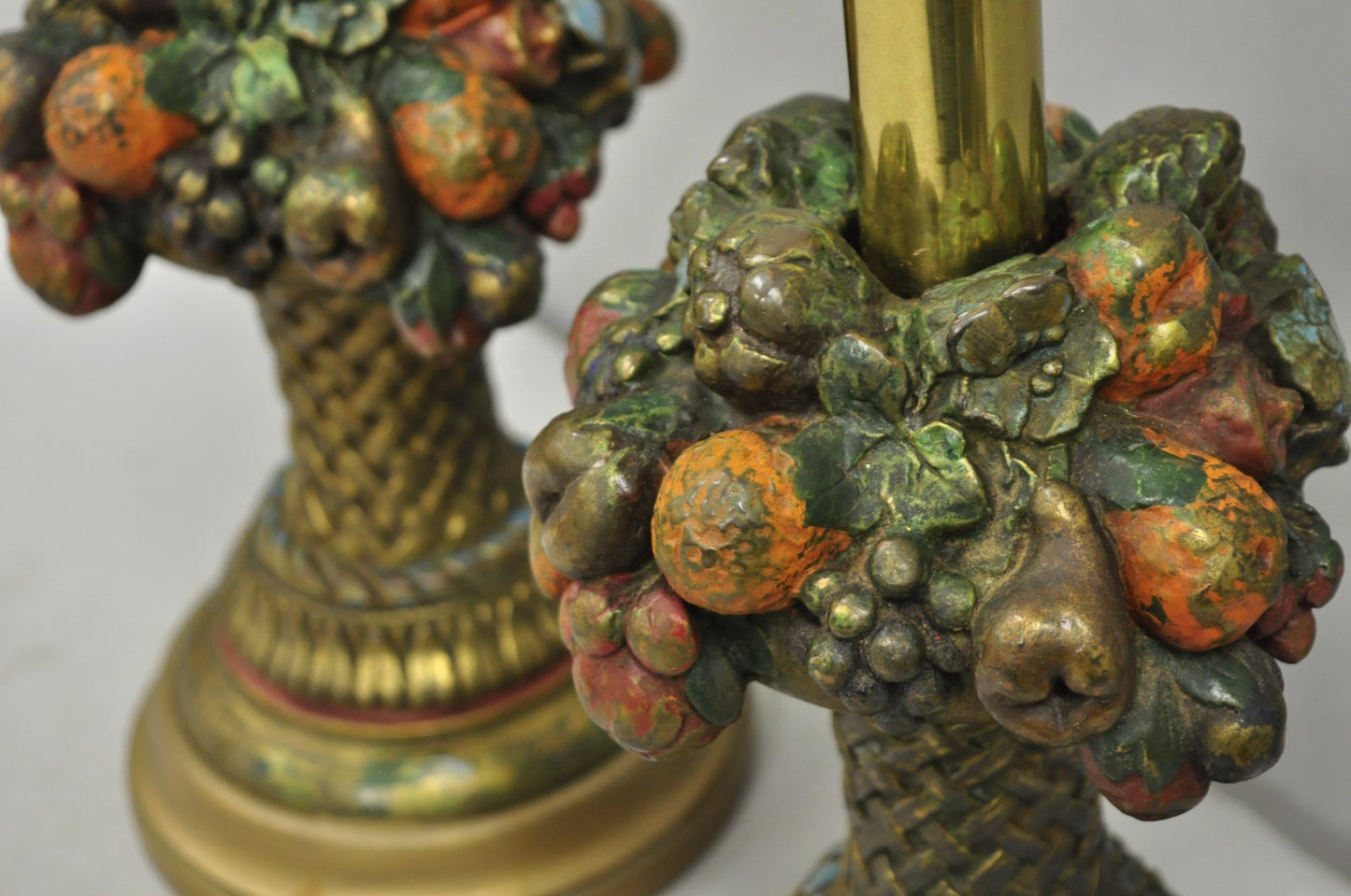 Armor Bronze Co Victorian Flower Fruit Basket Bouquet Small Table Lamps - a Pair